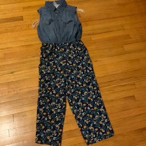 Denim romper with floral legs